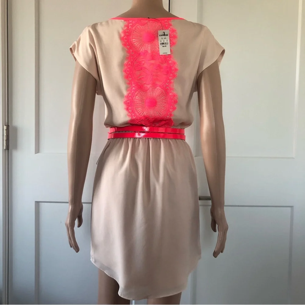 Express Satiny Sheen Peach Neon Pink Lace Dolman Sleeves Mini Dress XS - Picture 2 of 3